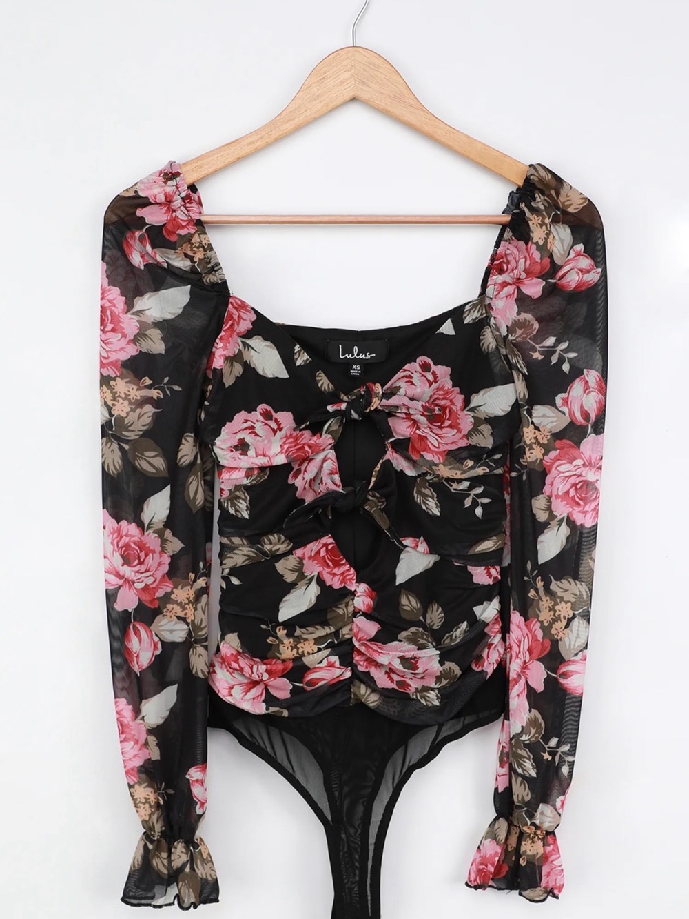 Lulus Get Together Black Floral Tie-Front Long Sleeve Bodysuit M NWT